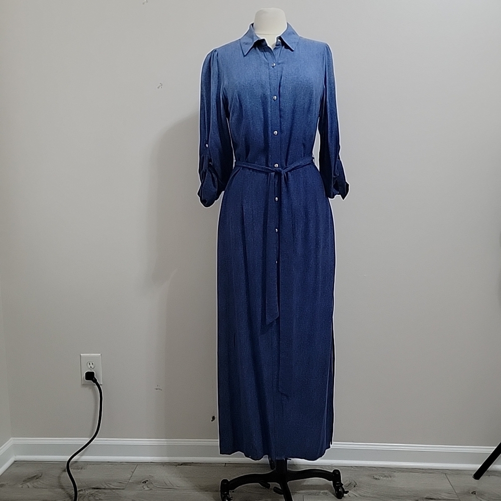MSK Women's Ombré Belted Long-Sleeve Maxi Shirtdress Size M Viscose